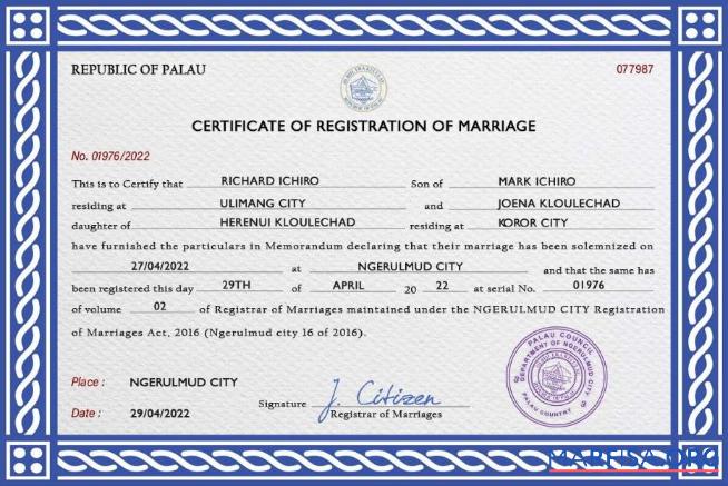 Downloadable Palau marriage certificate PSD template